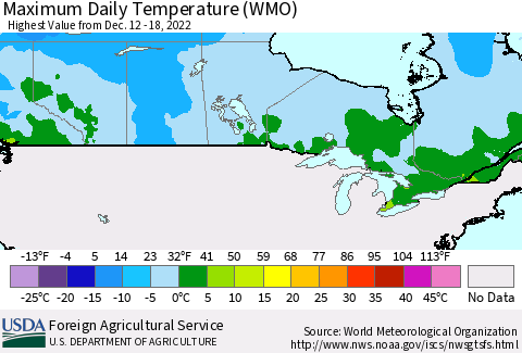 Canada Maximum Daily Temperature (WMO) Thematic Map For 12/12/2022 - 12/18/2022