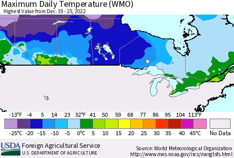 Canada Maximum Daily Temperature (WMO) Thematic Map For 12/19/2022 - 12/25/2022