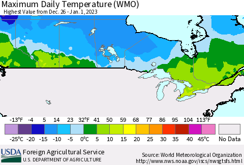 Canada Maximum Daily Temperature (WMO) Thematic Map For 12/26/2022 - 1/1/2023