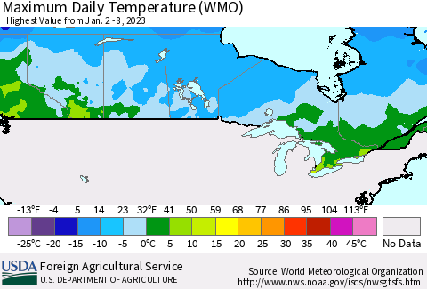 Canada Maximum Daily Temperature (WMO) Thematic Map For 1/2/2023 - 1/8/2023