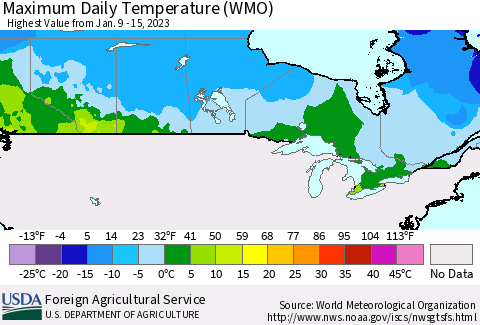 Canada Maximum Daily Temperature (WMO) Thematic Map For 1/9/2023 - 1/15/2023