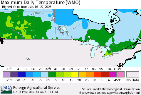 Canada Maximum Daily Temperature (WMO) Thematic Map For 1/16/2023 - 1/22/2023
