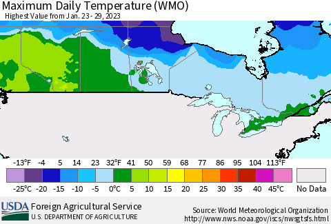 Canada Maximum Daily Temperature (WMO) Thematic Map For 1/23/2023 - 1/29/2023