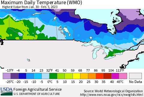 Canada Maximum Daily Temperature (WMO) Thematic Map For 1/30/2023 - 2/5/2023