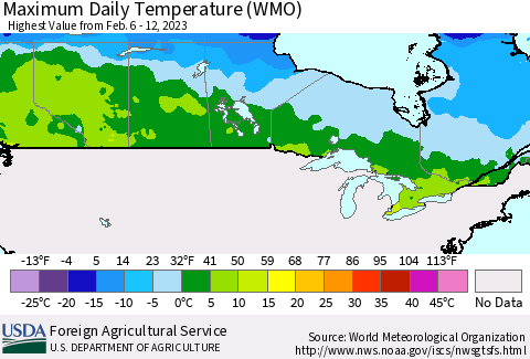 Canada Maximum Daily Temperature (WMO) Thematic Map For 2/6/2023 - 2/12/2023