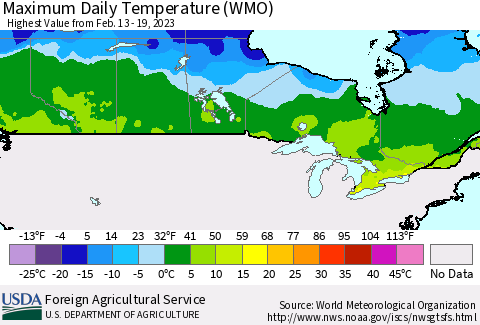 Canada Maximum Daily Temperature (WMO) Thematic Map For 2/13/2023 - 2/19/2023