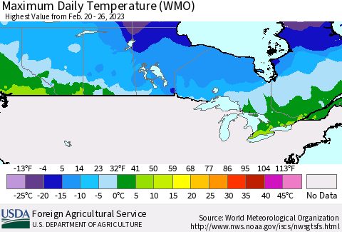 Canada Maximum Daily Temperature (WMO) Thematic Map For 2/20/2023 - 2/26/2023