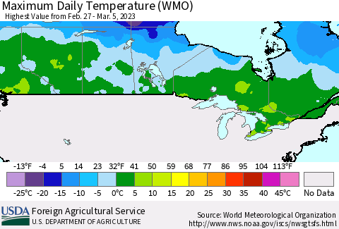 Canada Maximum Daily Temperature (WMO) Thematic Map For 2/27/2023 - 3/5/2023