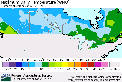 Canada Maximum Daily Temperature (WMO) Thematic Map For 3/6/2023 - 3/12/2023