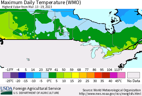 Canada Maximum Daily Temperature (WMO) Thematic Map For 3/13/2023 - 3/19/2023