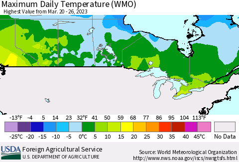 Canada Maximum Daily Temperature (WMO) Thematic Map For 3/20/2023 - 3/26/2023