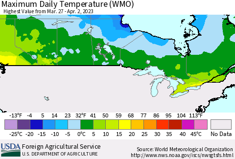 Canada Maximum Daily Temperature (WMO) Thematic Map For 3/27/2023 - 4/2/2023
