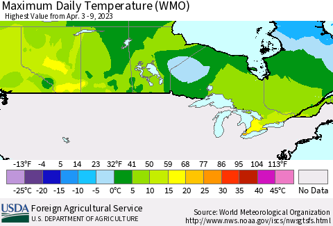 Canada Maximum Daily Temperature (WMO) Thematic Map For 4/3/2023 - 4/9/2023