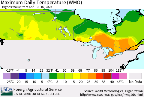 Canada Maximum Daily Temperature (WMO) Thematic Map For 4/10/2023 - 4/16/2023