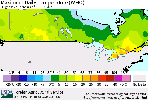 Canada Maximum Daily Temperature (WMO) Thematic Map For 4/17/2023 - 4/23/2023