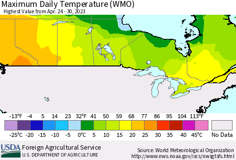 Canada Maximum Daily Temperature (WMO) Thematic Map For 4/24/2023 - 4/30/2023