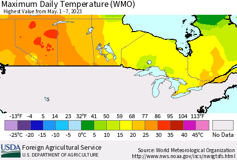 Canada Maximum Daily Temperature (WMO) Thematic Map For 5/1/2023 - 5/7/2023