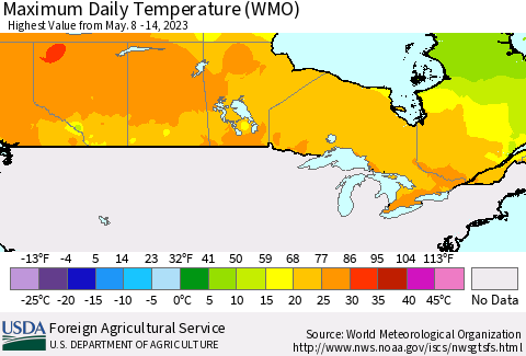 Canada Maximum Daily Temperature (WMO) Thematic Map For 5/8/2023 - 5/14/2023