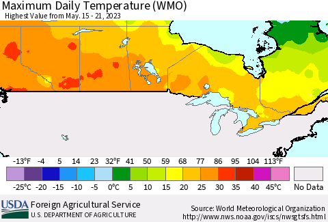 Canada Maximum Daily Temperature (WMO) Thematic Map For 5/15/2023 - 5/21/2023