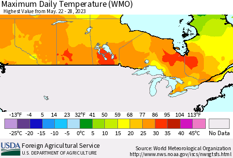 Canada Maximum Daily Temperature (WMO) Thematic Map For 5/22/2023 - 5/28/2023