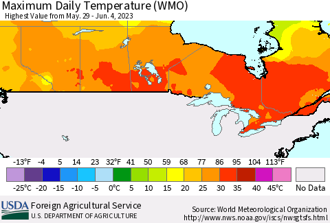 Canada Maximum Daily Temperature (WMO) Thematic Map For 5/29/2023 - 6/4/2023