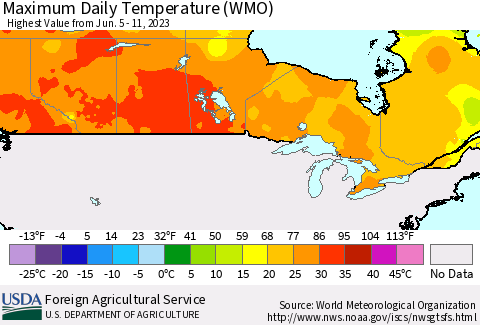 Canada Maximum Daily Temperature (WMO) Thematic Map For 6/5/2023 - 6/11/2023