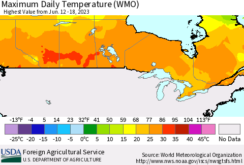 Canada Maximum Daily Temperature (WMO) Thematic Map For 6/12/2023 - 6/18/2023