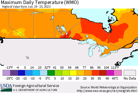 Canada Maximum Daily Temperature (WMO) Thematic Map For 6/19/2023 - 6/25/2023