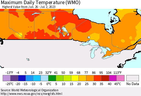 Canada Maximum Daily Temperature (WMO) Thematic Map For 6/26/2023 - 7/2/2023