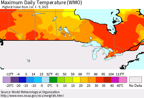 Canada Maximum Daily Temperature (WMO) Thematic Map For 7/3/2023 - 7/9/2023