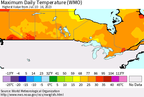 Canada Maximum Daily Temperature (WMO) Thematic Map For 7/10/2023 - 7/16/2023