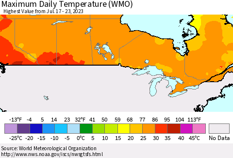 Canada Maximum Daily Temperature (WMO) Thematic Map For 7/17/2023 - 7/23/2023