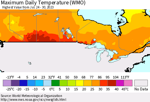 Canada Maximum Daily Temperature (WMO) Thematic Map For 7/24/2023 - 7/30/2023