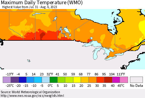 Canada Maximum Daily Temperature (WMO) Thematic Map For 7/31/2023 - 8/6/2023