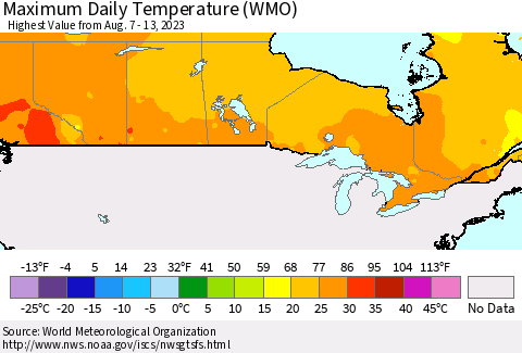Canada Maximum Daily Temperature (WMO) Thematic Map For 8/7/2023 - 8/13/2023