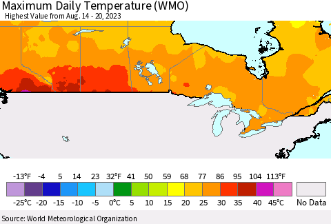 Canada Maximum Daily Temperature (WMO) Thematic Map For 8/14/2023 - 8/20/2023