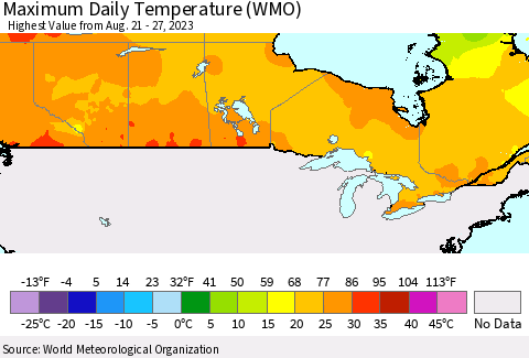 Canada Maximum Daily Temperature (WMO) Thematic Map For 8/21/2023 - 8/27/2023