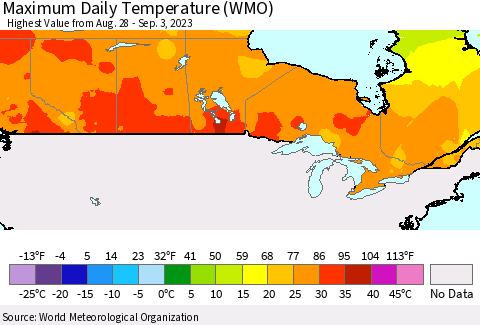 Canada Maximum Daily Temperature (WMO) Thematic Map For 8/28/2023 - 9/3/2023