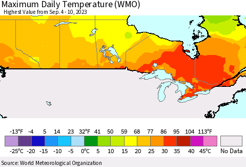 Canada Maximum Daily Temperature (WMO) Thematic Map For 9/4/2023 - 9/10/2023