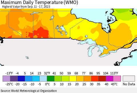 Canada Maximum Daily Temperature (WMO) Thematic Map For 9/11/2023 - 9/17/2023