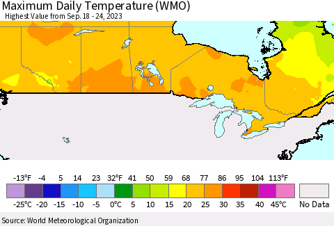 Canada Maximum Daily Temperature (WMO) Thematic Map For 9/18/2023 - 9/24/2023