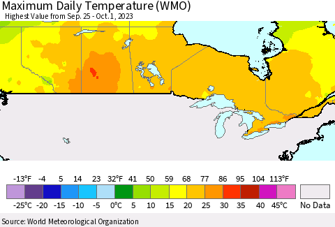 Canada Maximum Daily Temperature (WMO) Thematic Map For 9/25/2023 - 10/1/2023