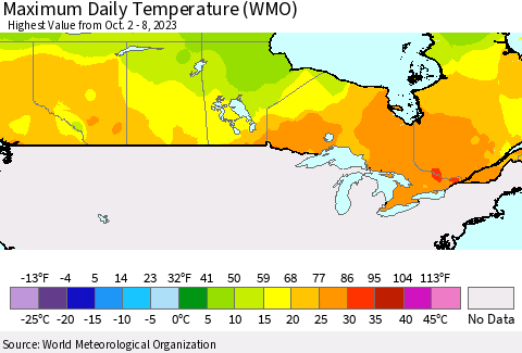 Canada Maximum Daily Temperature (WMO) Thematic Map For 10/2/2023 - 10/8/2023