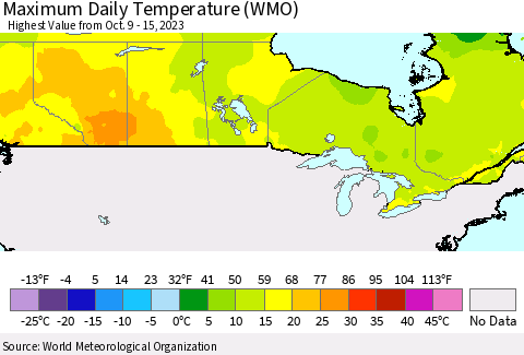 Canada Maximum Daily Temperature (WMO) Thematic Map For 10/9/2023 - 10/15/2023