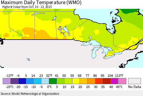 Canada Maximum Daily Temperature (WMO) Thematic Map For 10/16/2023 - 10/22/2023