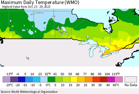 Canada Maximum Daily Temperature (WMO) Thematic Map For 10/23/2023 - 10/29/2023