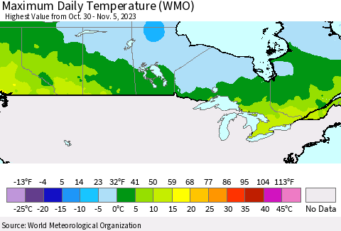 Canada Maximum Daily Temperature (WMO) Thematic Map For 10/30/2023 - 11/5/2023