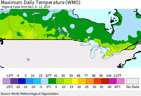 Canada Maximum Daily Temperature (WMO) Thematic Map For 11/6/2023 - 11/12/2023