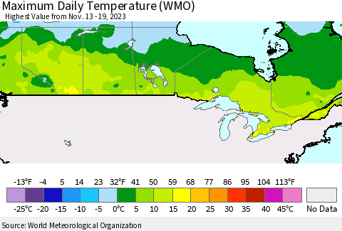 Canada Maximum Daily Temperature (WMO) Thematic Map For 11/13/2023 - 11/19/2023