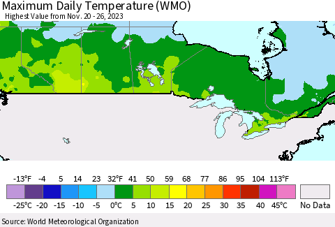 Canada Maximum Daily Temperature (WMO) Thematic Map For 11/20/2023 - 11/26/2023